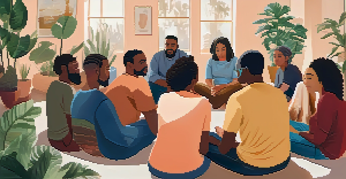A diverse group of individuals participating in a community support group session, surrounded by a warm and inviting environment.