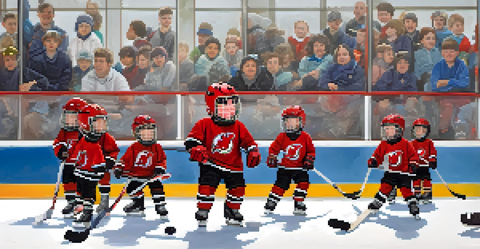 Children in a youth hockey clinic learning to skate and play with guidance from coaches on the rink.