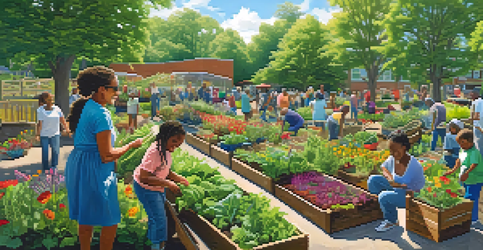 A diverse group of residents working together in a lively community garden filled with colorful flowers and vegetables under a sunny sky.