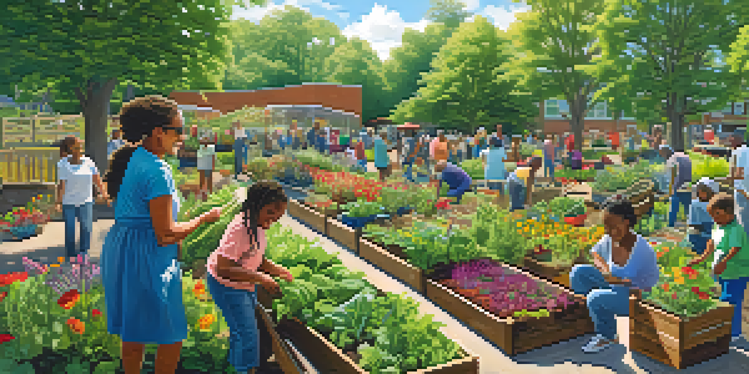 A diverse group of residents working together in a lively community garden filled with colorful flowers and vegetables under a sunny sky.