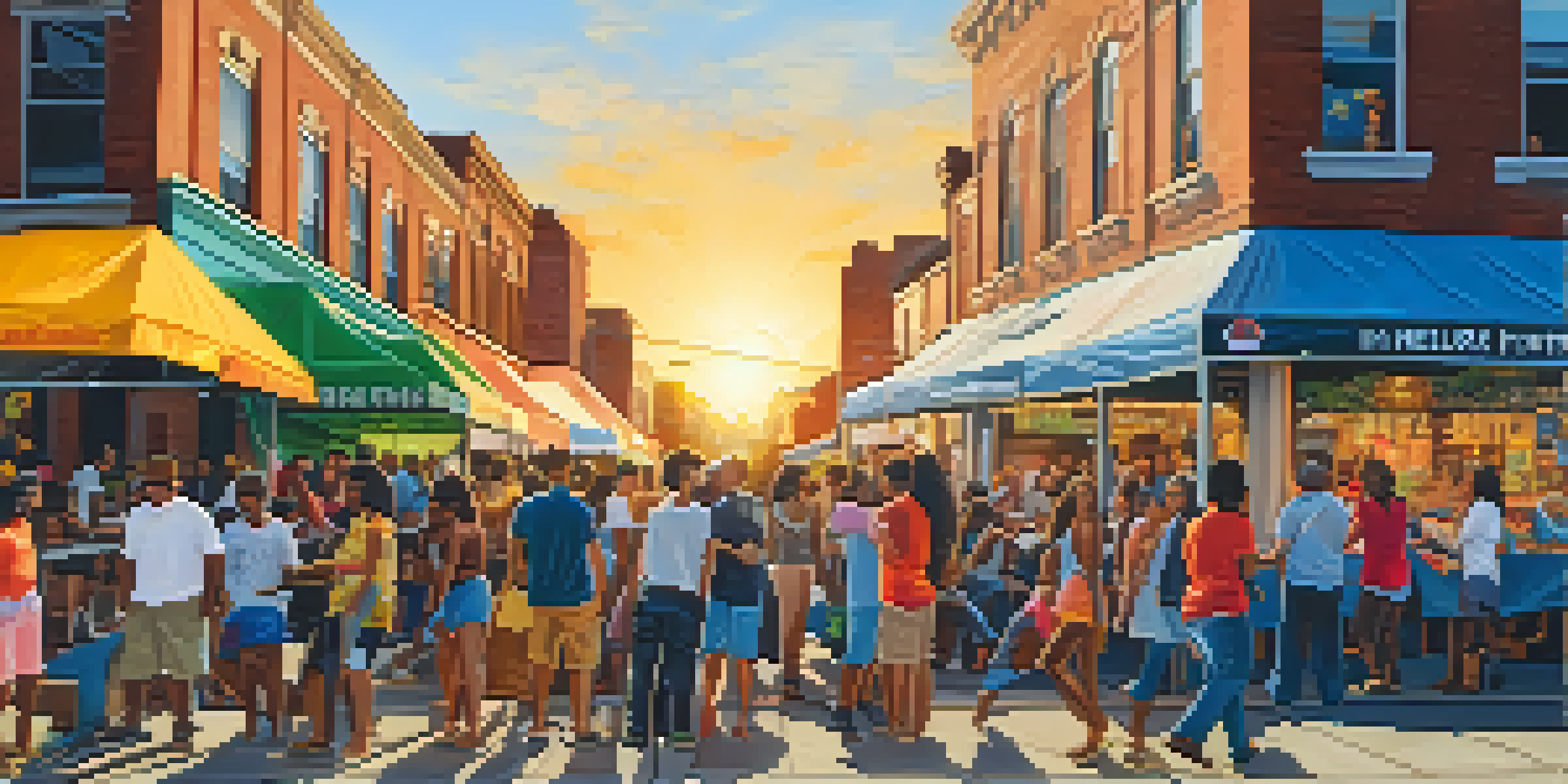A lively community art festival in Newark with diverse people, colorful murals, artists painting, and food stalls, all under a warm sunset.