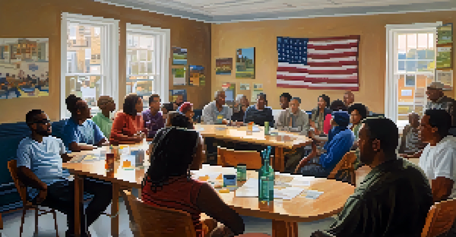 A community meeting in Newark with diverse residents discussing urban development in a well-lit room filled with posters.