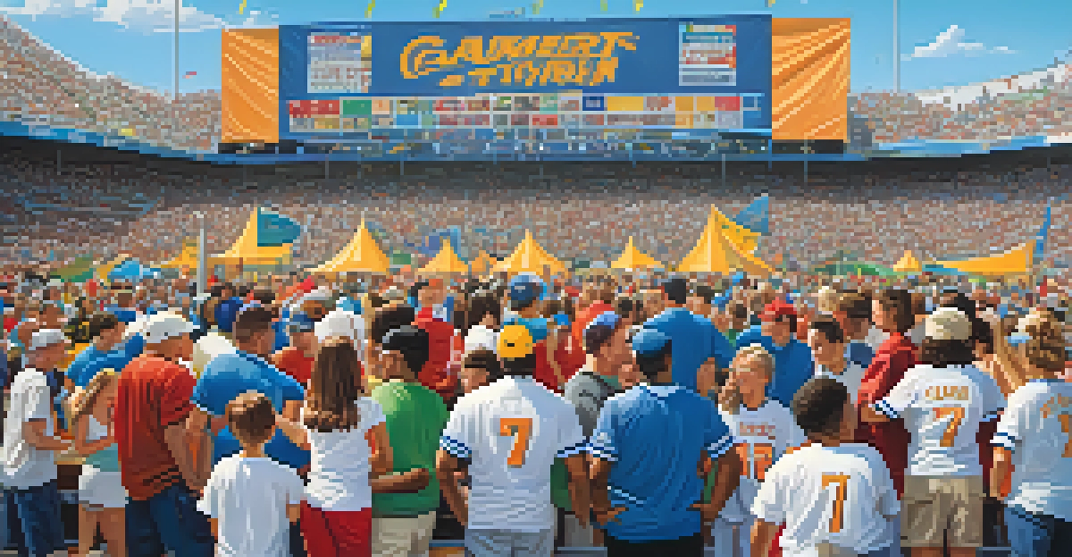 Families and children in team jerseys enjoying a game day event outside a sports stadium with vendors and banners.