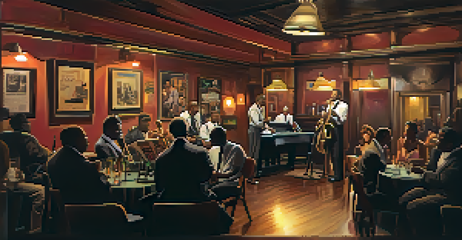 An intimate jazz club in Newark with a saxophonist on stage, warm ambient lighting, and audience enjoying the performance.