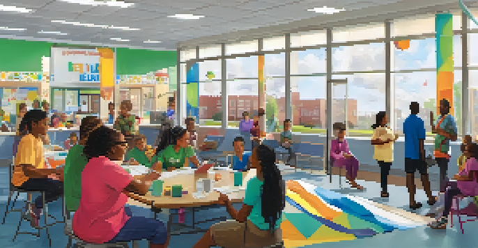 A diverse group of people participating in health education workshops at a community health center, with bright colors and natural light.