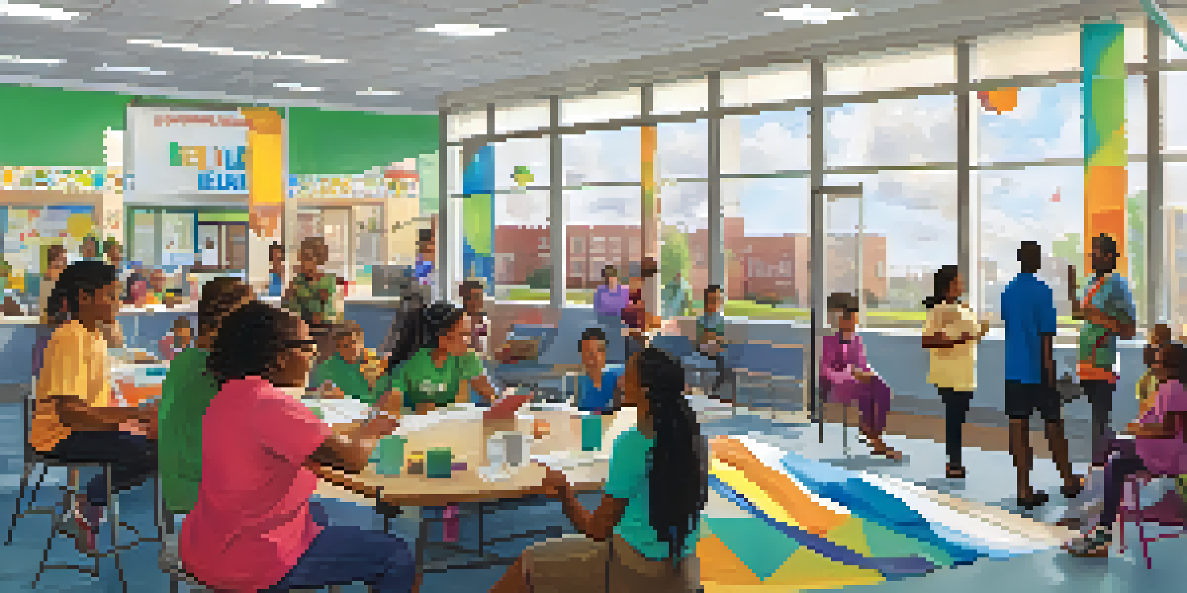 A diverse group of people participating in health education workshops at a community health center, with bright colors and natural light.