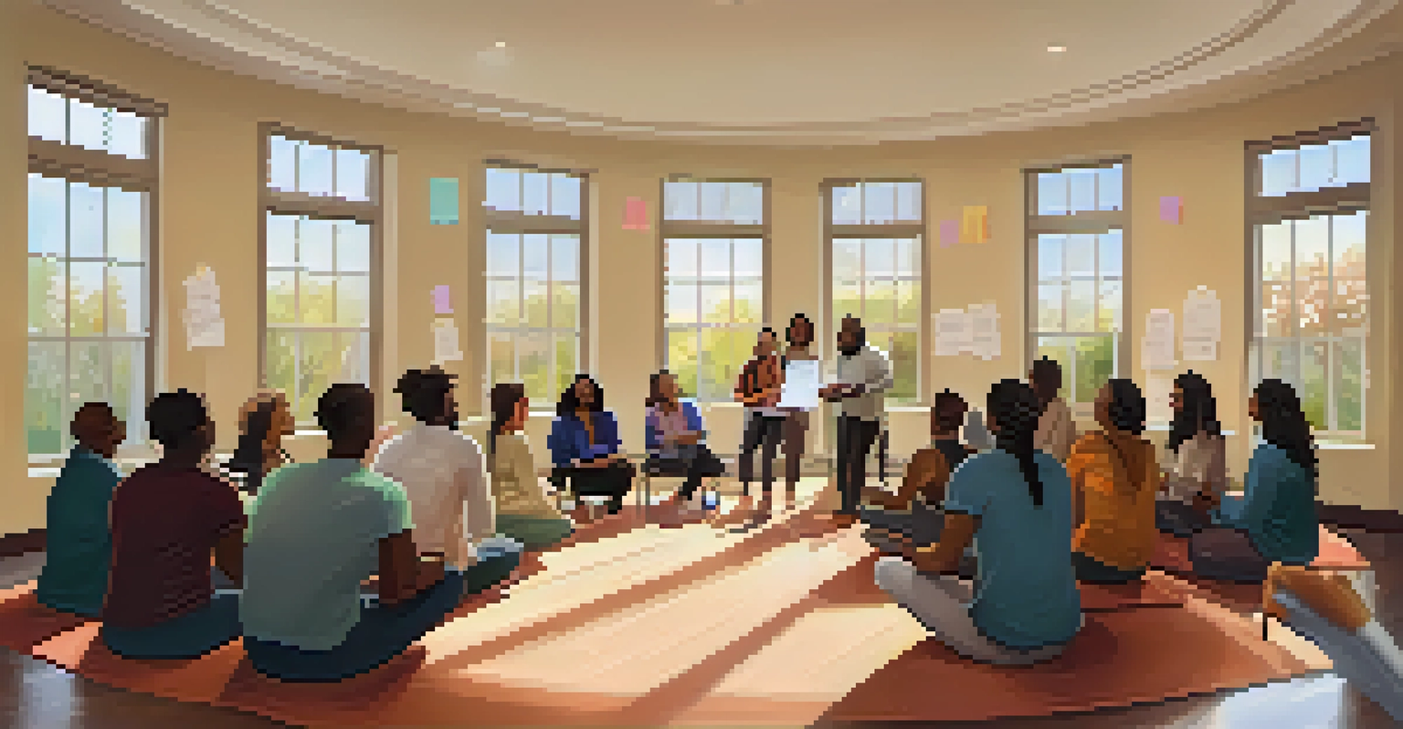 A cozy mental health workshop with participants engaged in discussion in a warm community center setting.