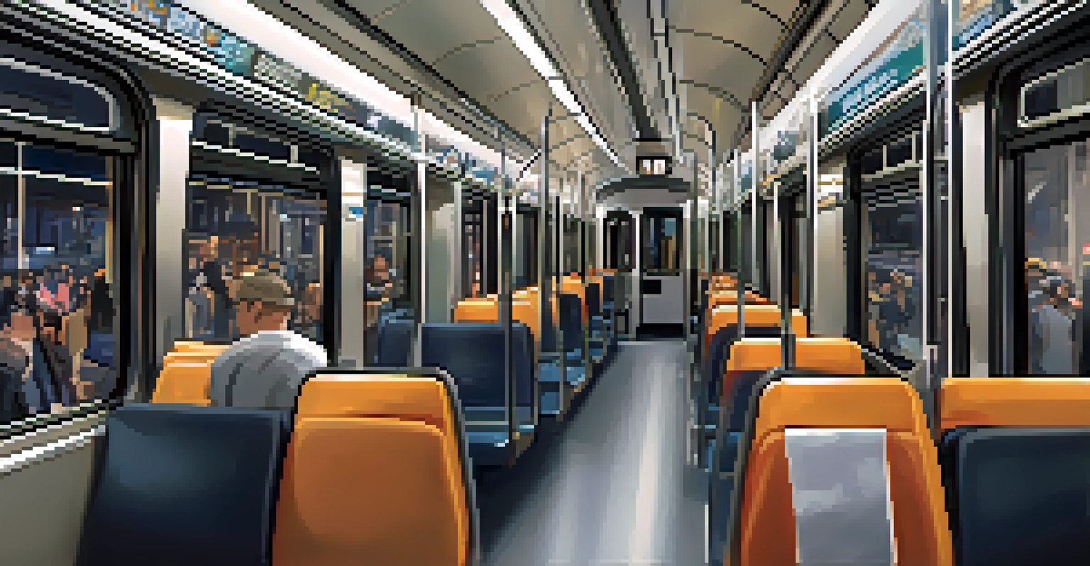 The interior of a light rail train showing spacious seating for accessibility, with diverse passengers including individuals with wheelchairs.