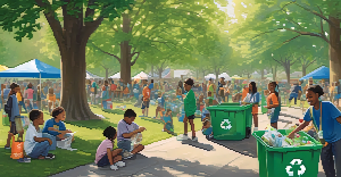 A community recycling event in a park with diverse residents participating in recycling activities and educational workshops.