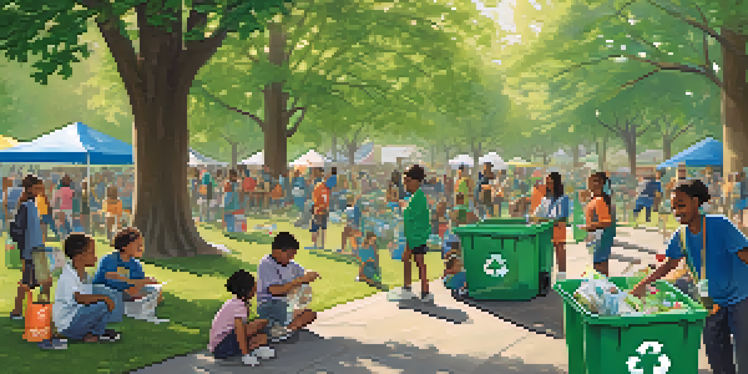 A community recycling event in a park with diverse residents participating in recycling activities and educational workshops.