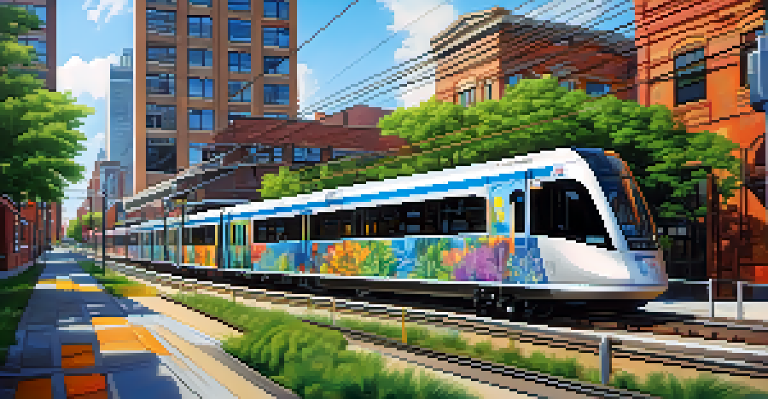 A Newark Light Rail train passing through a colorful urban landscape with murals and greenery.