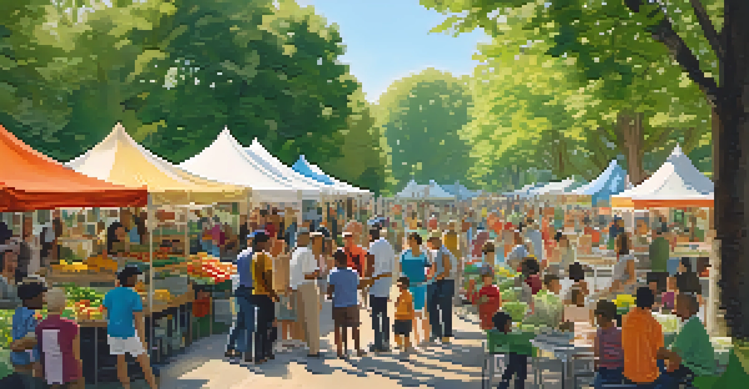 A community event in a park in Newark, with people of different backgrounds enjoying a market with colorful tents and fresh produce.