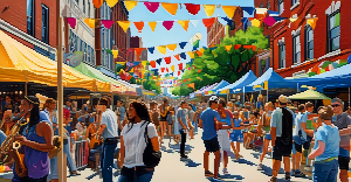 A lively street scene in Newark with a diverse crowd at a music festival, musicians performing, colorful banners, and food stalls.