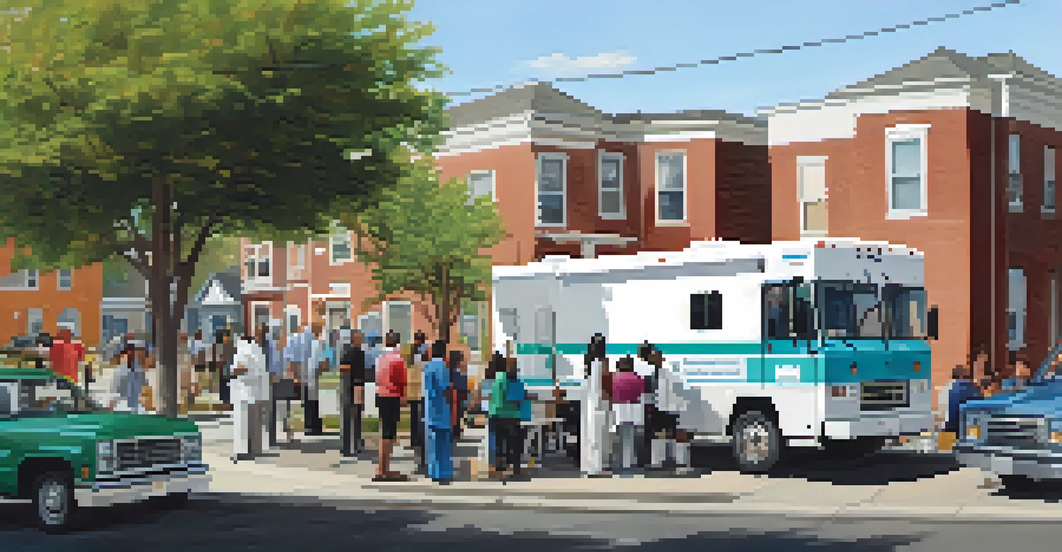 A mobile health clinic serving residents in a Newark neighborhood, with healthcare professionals and community members interacting outside.