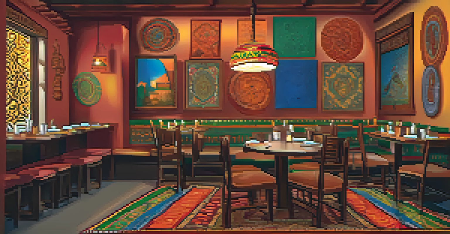 The inviting interior of an Ethiopian restaurant with traditional decor and a table set with Ethiopian dishes.