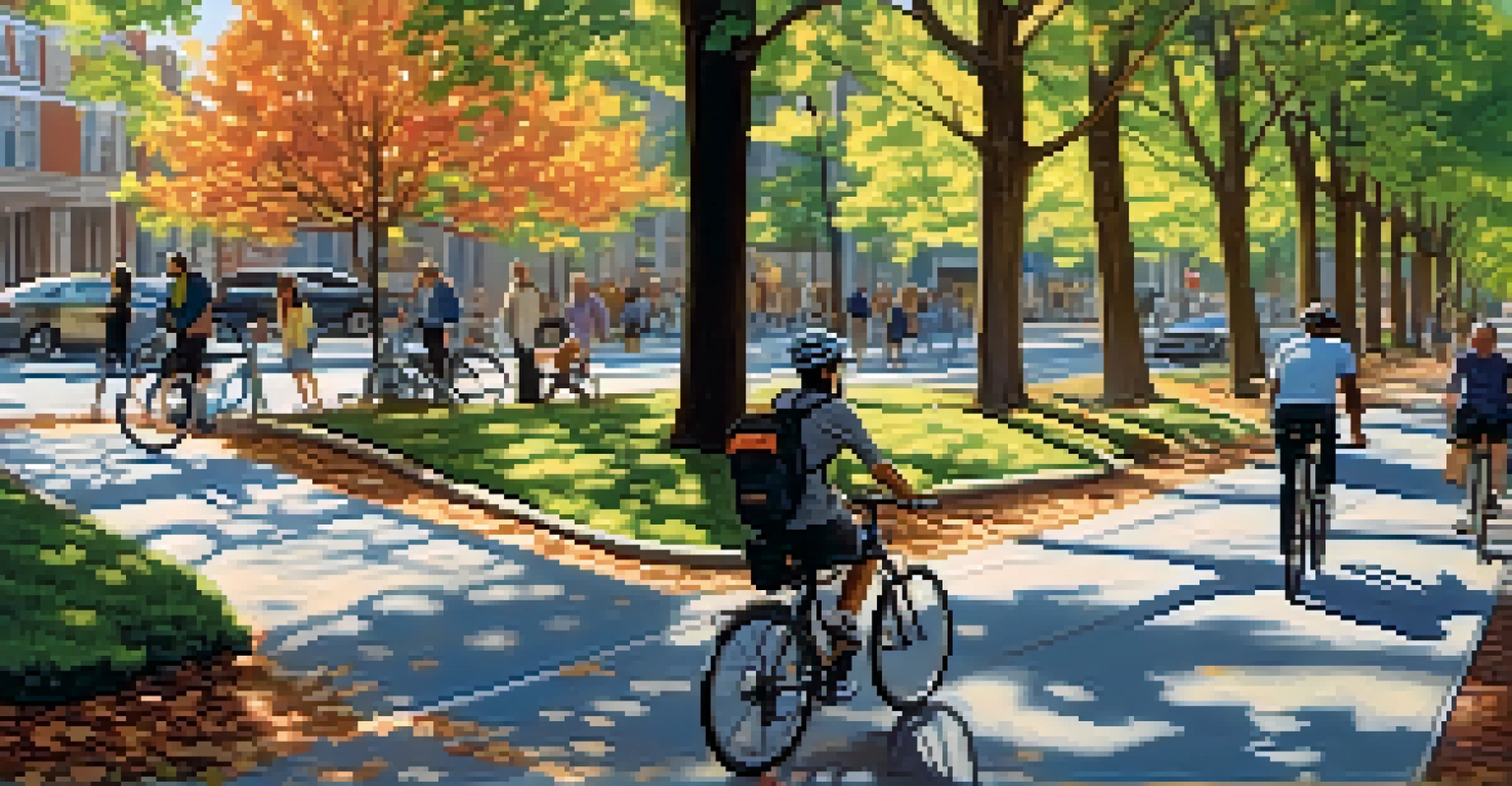 A peaceful bike lane in Newark, with cyclists and pedestrians enjoying a tree-lined street under dappled sunlight.