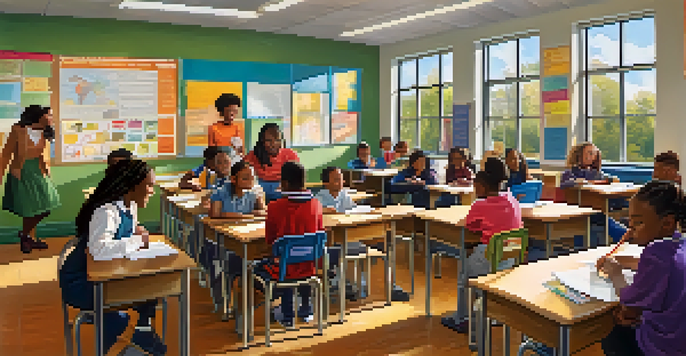 A diverse group of students in a bright classroom, working together on projects with a teacher assisting them.