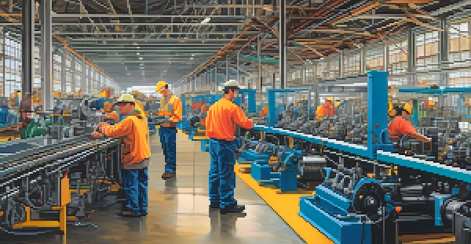 A busy manufacturing facility in Newark with workers engaging with modern machinery under bright natural light.