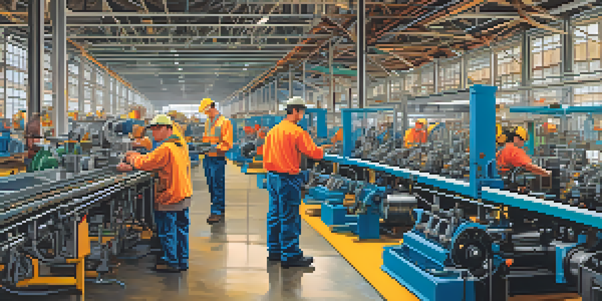 A busy manufacturing facility in Newark with workers engaging with modern machinery under bright natural light.