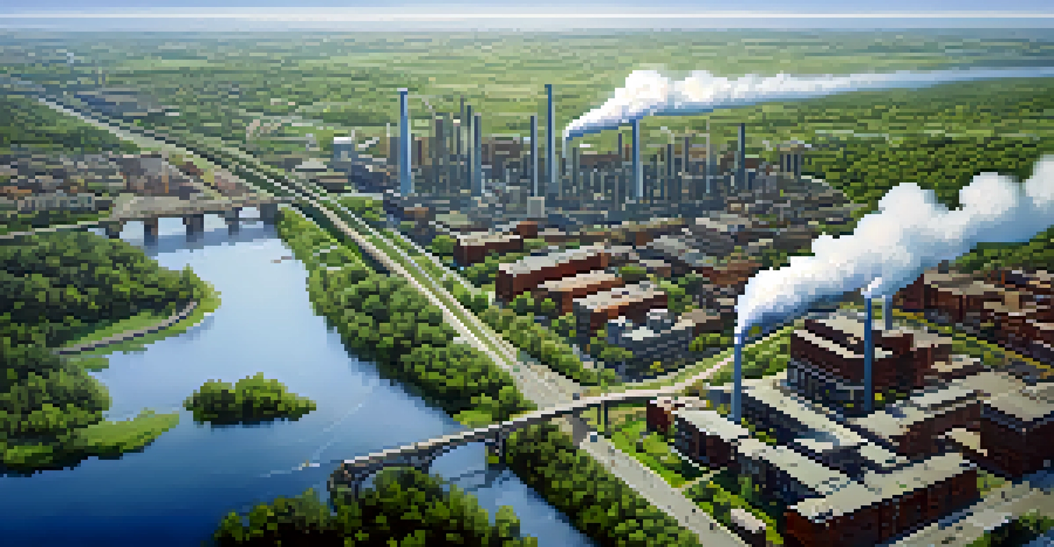 An aerial view of Newark showing industrial areas with factories and green parks with families, illustrating air quality challenges.