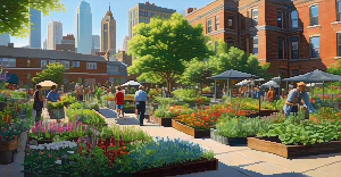 A colorful community garden in a city, with people gardening and a skyline in the background.