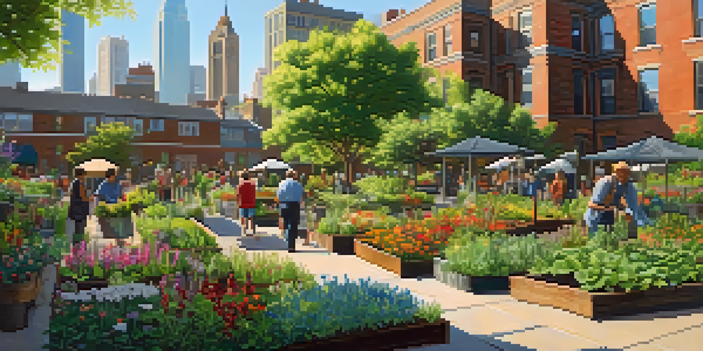 A colorful community garden in a city, with people gardening and a skyline in the background.