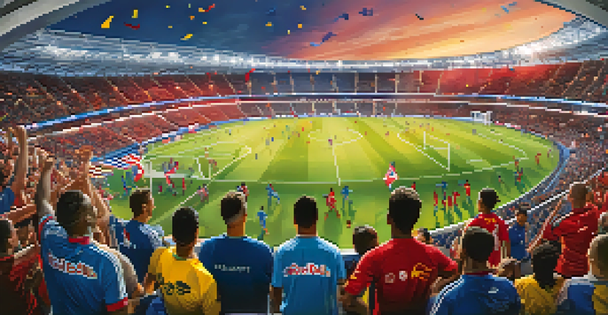 A lively soccer match at Red Bull Arena with fans in jerseys, stadium lights on, and players in action.