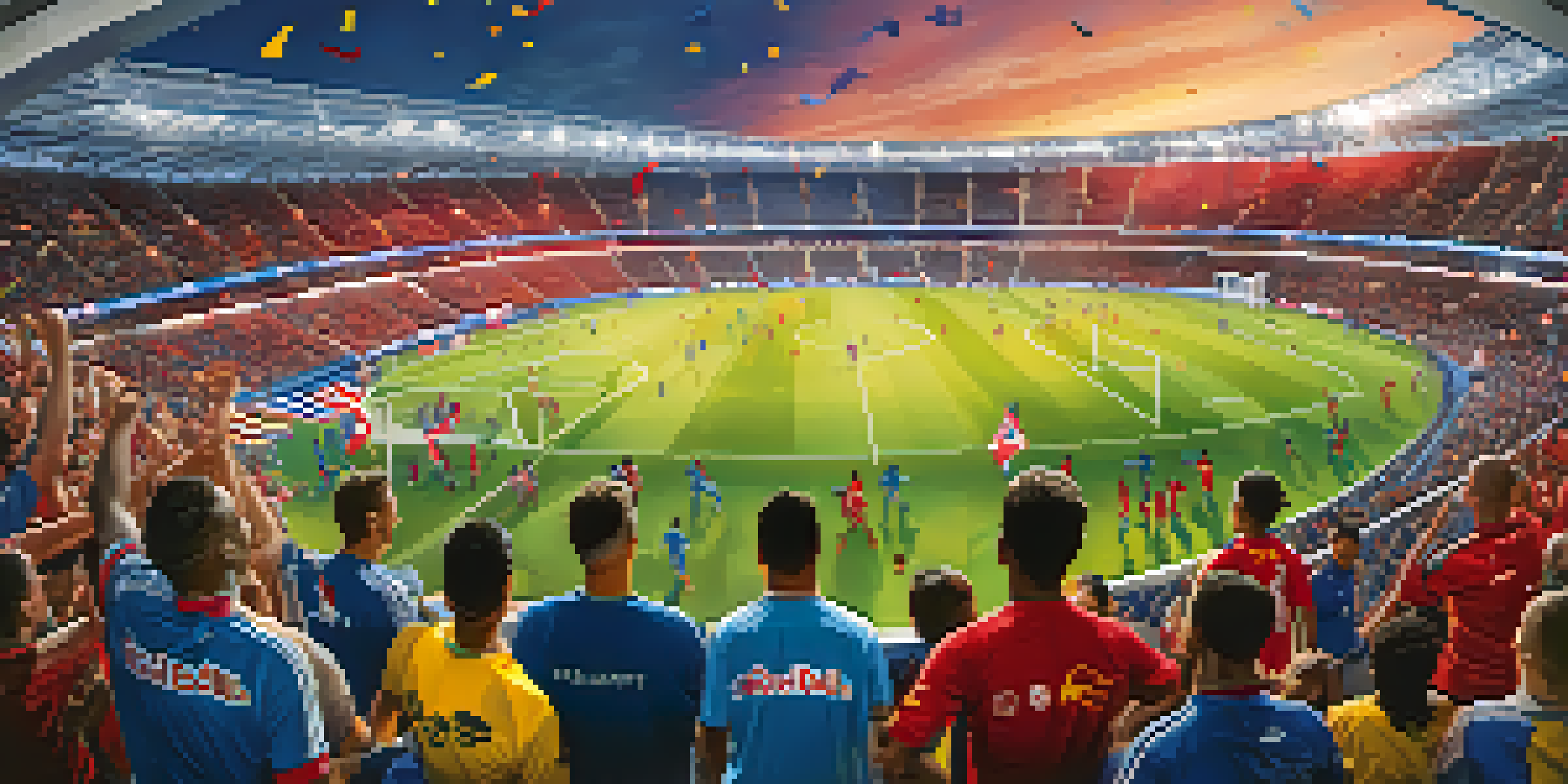 A lively soccer match at Red Bull Arena with fans in jerseys, stadium lights on, and players in action.