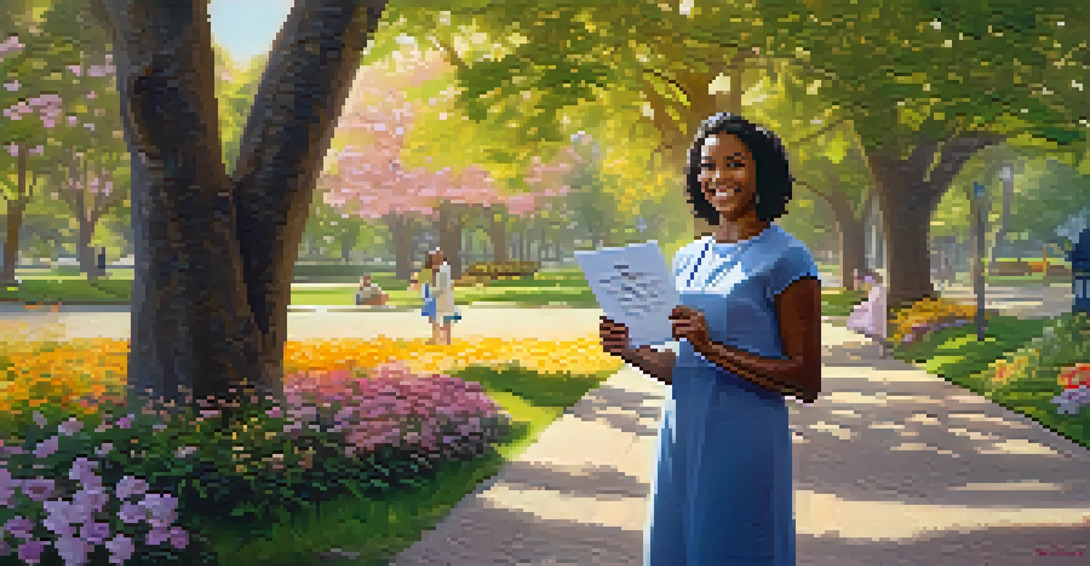 A single mother in a park holding her GED certificate with a joyful expression, surrounded by nature and children playing in the background.