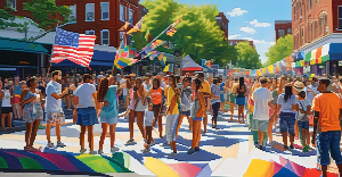 A lively street scene at the Newark Pride Festival with people celebrating and colorful flags, local artists painting murals, and sunlight filtering through trees.