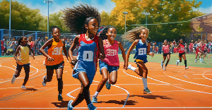 A lively community sports event in Newark with young female athletes playing basketball, running, and practicing soccer, surrounded by spectators and colorful banners.