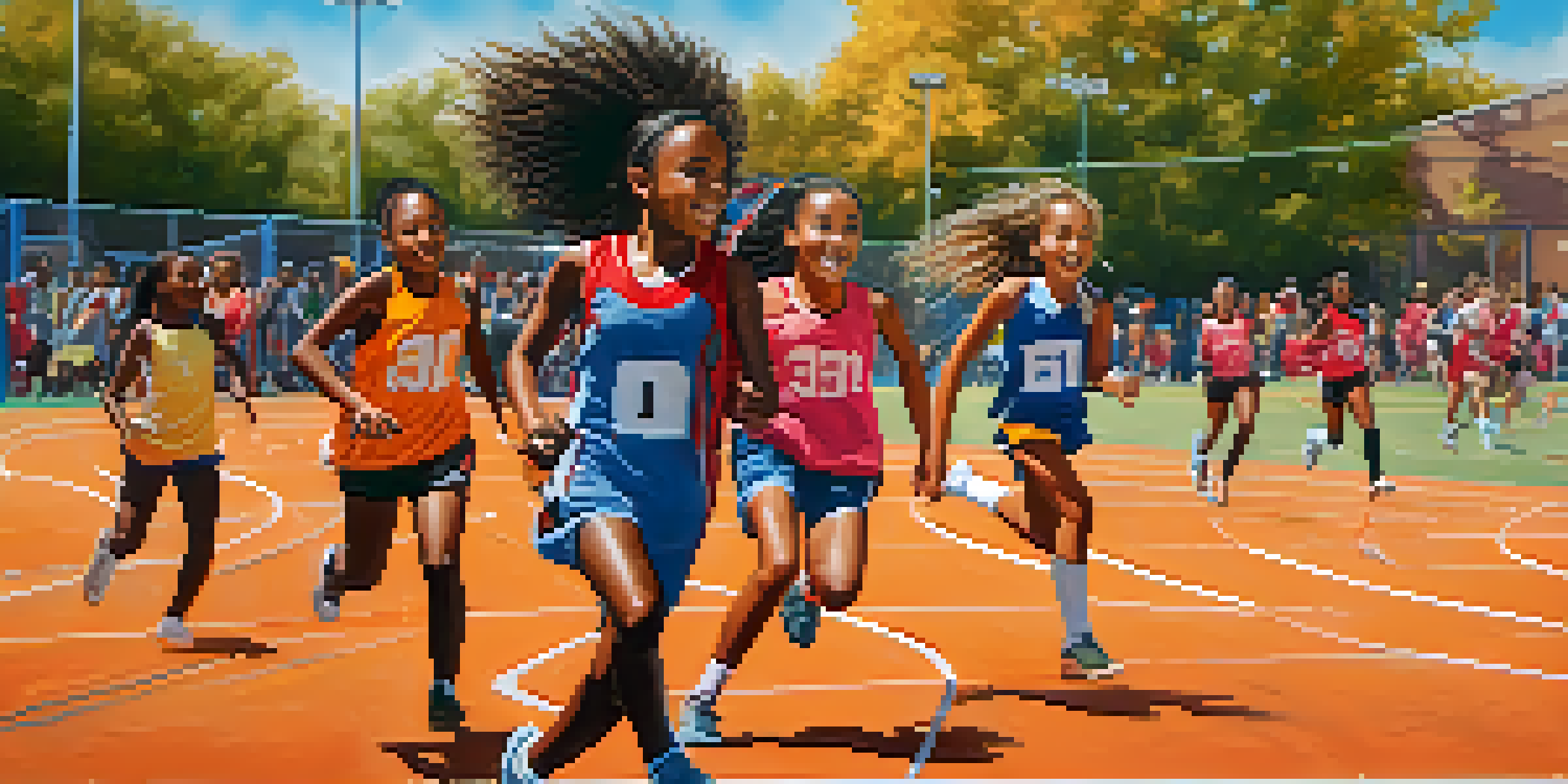 A lively community sports event in Newark with young female athletes playing basketball, running, and practicing soccer, surrounded by spectators and colorful banners.