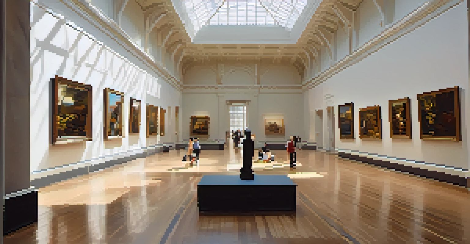 Inside the Newark Museum of Art, showcasing modern art exhibits with visitors exploring sculptures and paintings in a well-lit gallery.