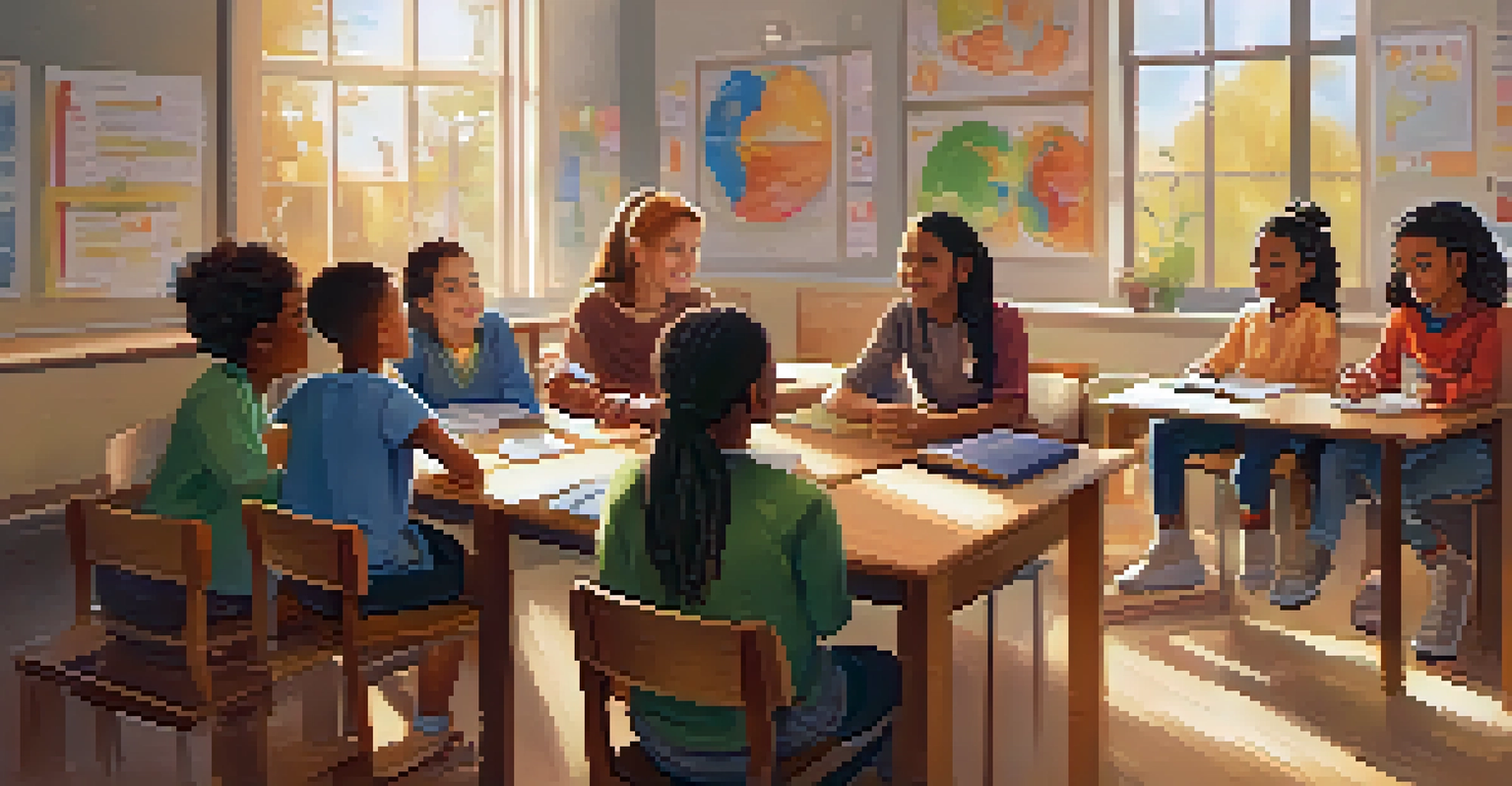 Students sitting in a circle in a colorful classroom, engaging in a discussion about feelings and emotions.