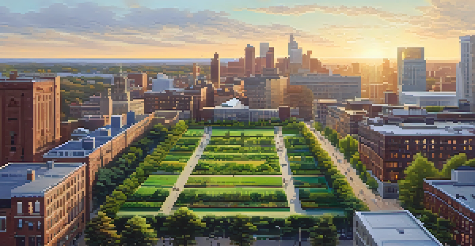 A panoramic view of Newark's skyline featuring green spaces, rooftop gardens, and modern buildings under a warm sunset glow.
