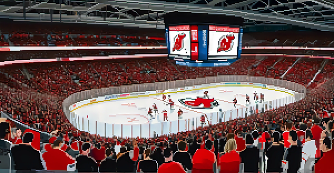 A lively hockey game at Prudential Center with fans in team colors cheering in an illuminated arena.