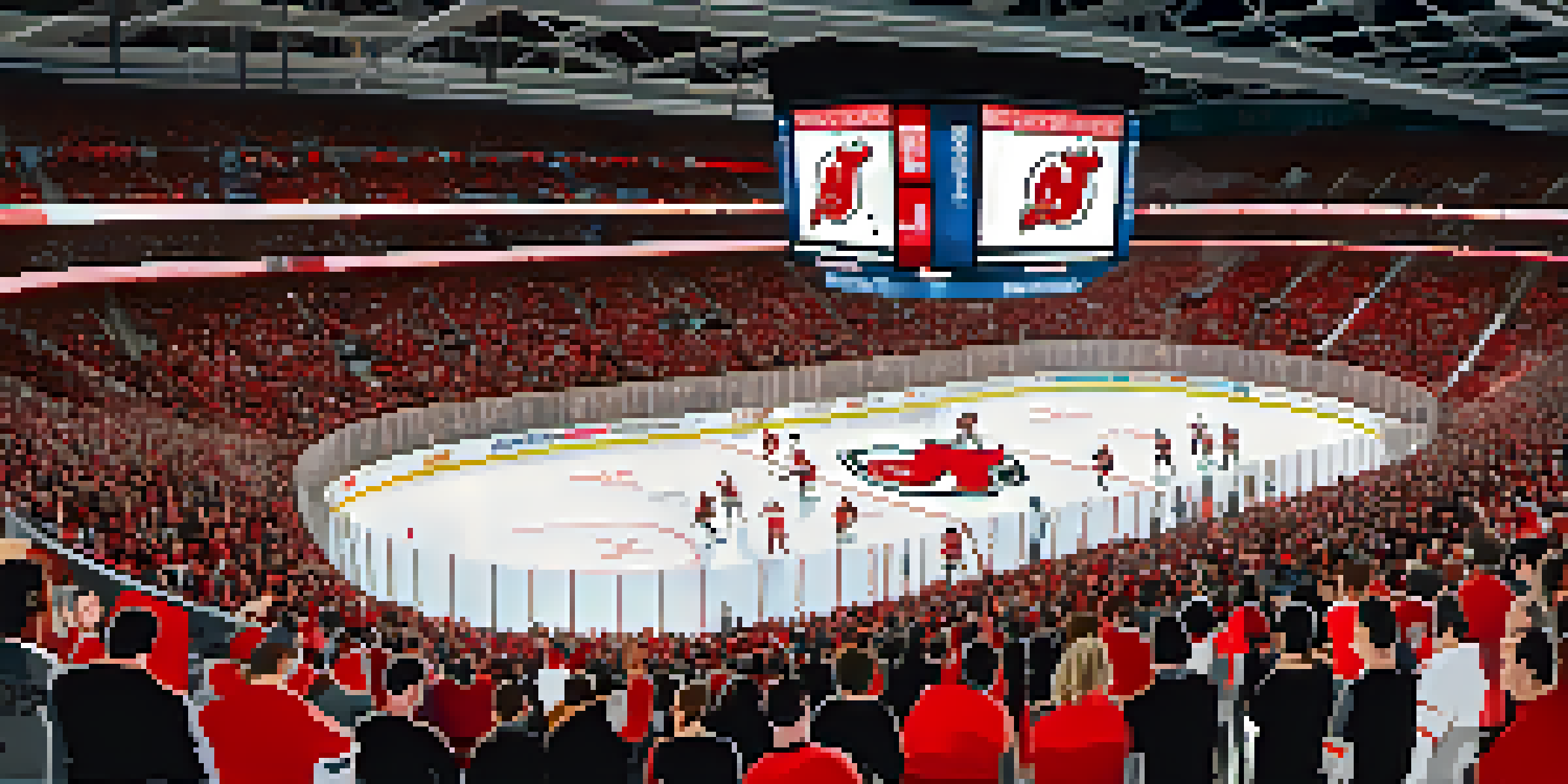 A lively hockey game at Prudential Center with fans in team colors cheering in an illuminated arena.
