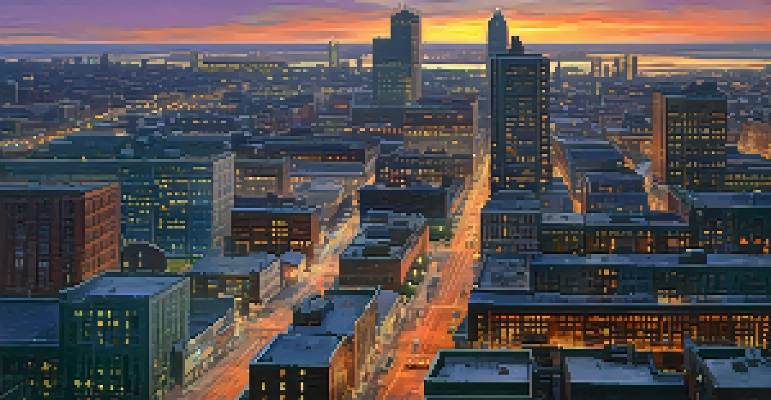 Aerial view of Newark's skyline at sunset, showing a mix of historic and modern architecture with vibrant colors in the sky.