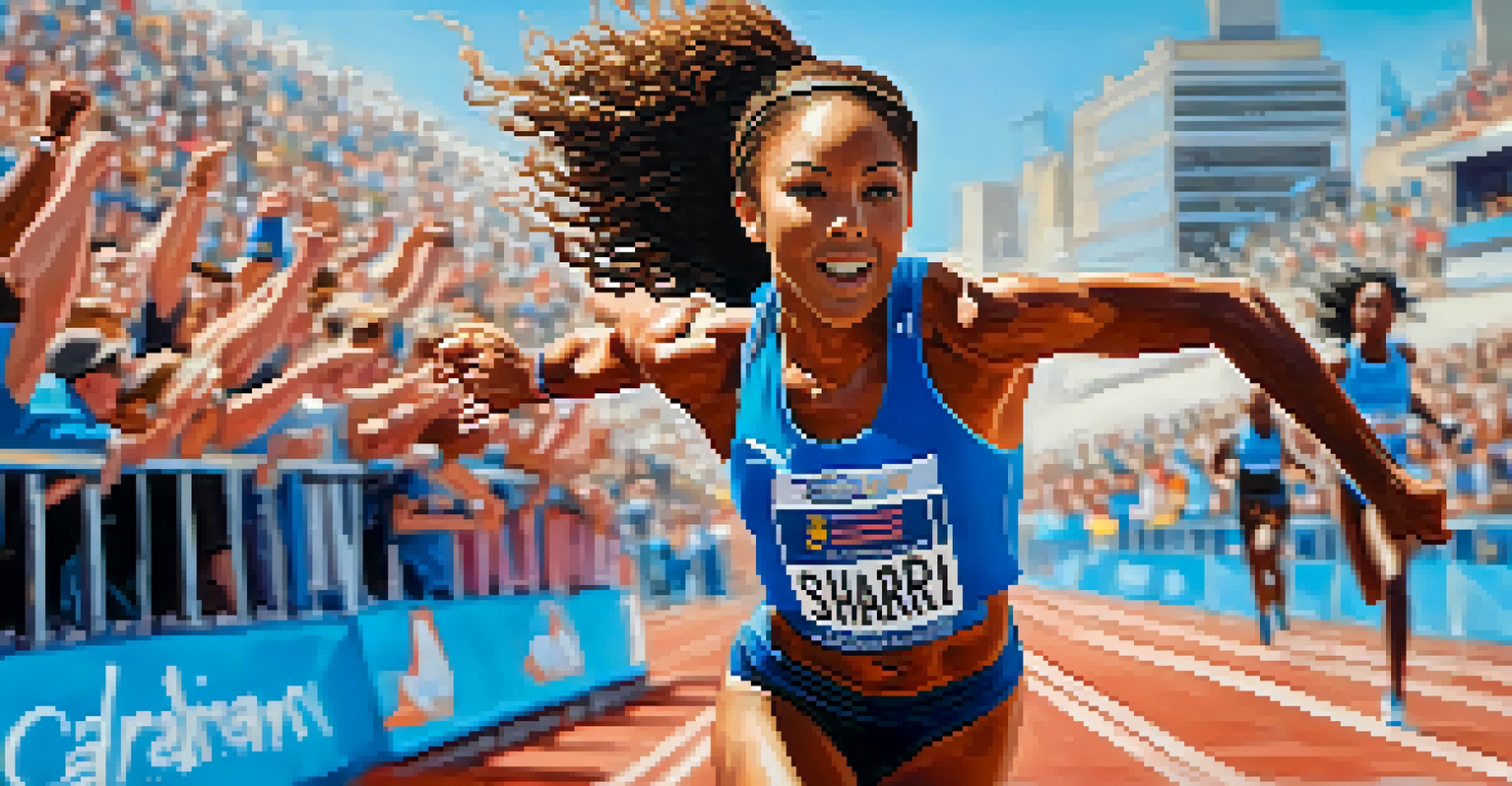 A young female track athlete, Sha'Carri Richardson, sprinting down a track with determination, set against a bright blue sky and cheering crowds.