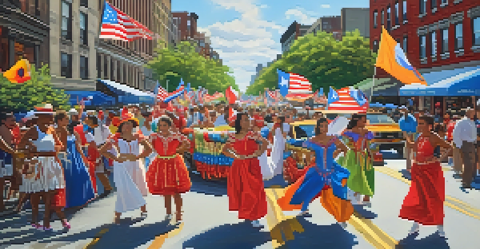 A lively street scene during the Newark Puerto Rican Day Parade with colorful floats, dancers in costumes, and food vendors.