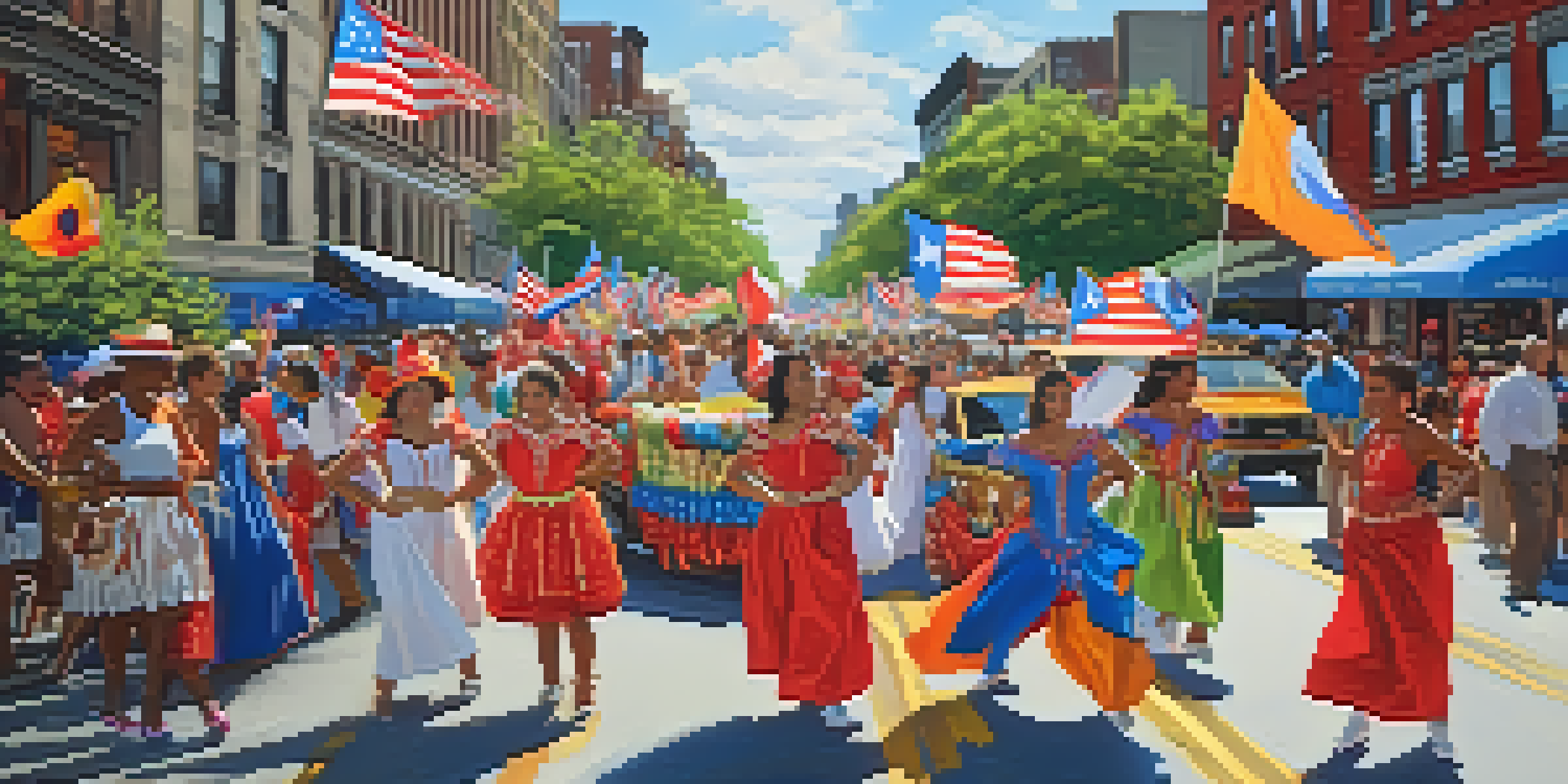 A lively street scene during the Newark Puerto Rican Day Parade with colorful floats, dancers in costumes, and food vendors.