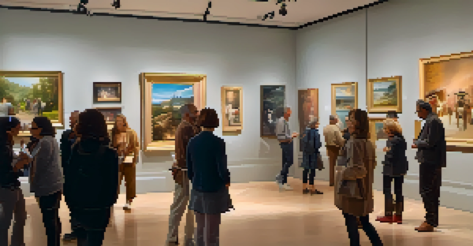 An art gallery filled with visitors admiring local artists' works during an exhibition, illuminated by warm lighting.