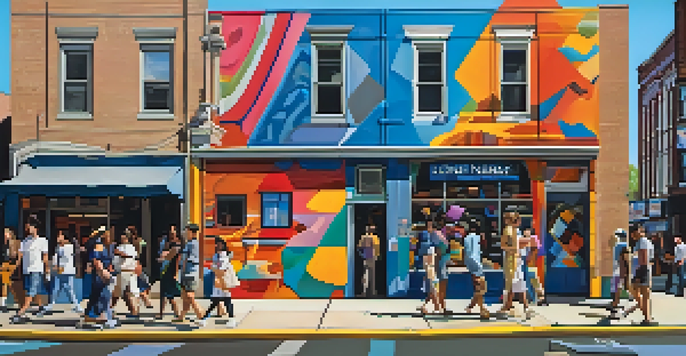 A colorful mural on a building in Newark, with people walking in front, under bright sunlight.