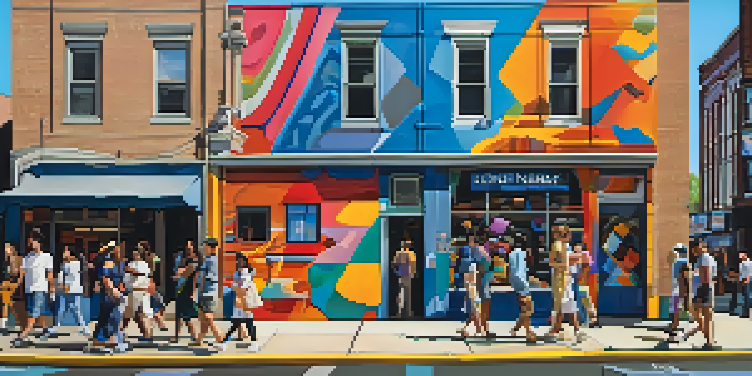 A colorful mural on a building in Newark, with people walking in front, under bright sunlight.