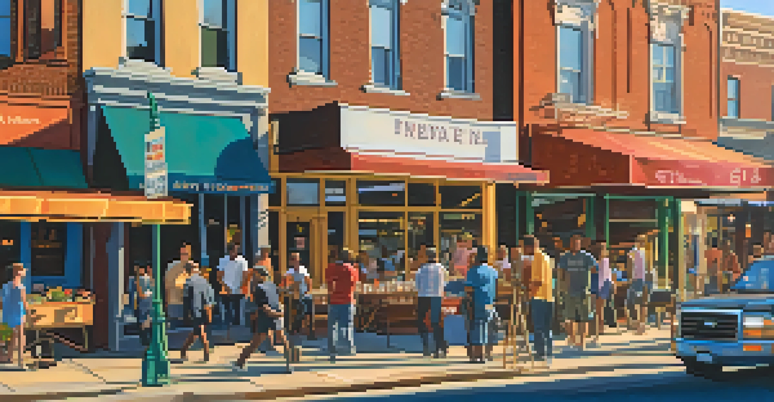 A busy downtown street in Newark with pedestrians, outdoor cafes, and a mix of modern and historic buildings, illuminated by sunset.