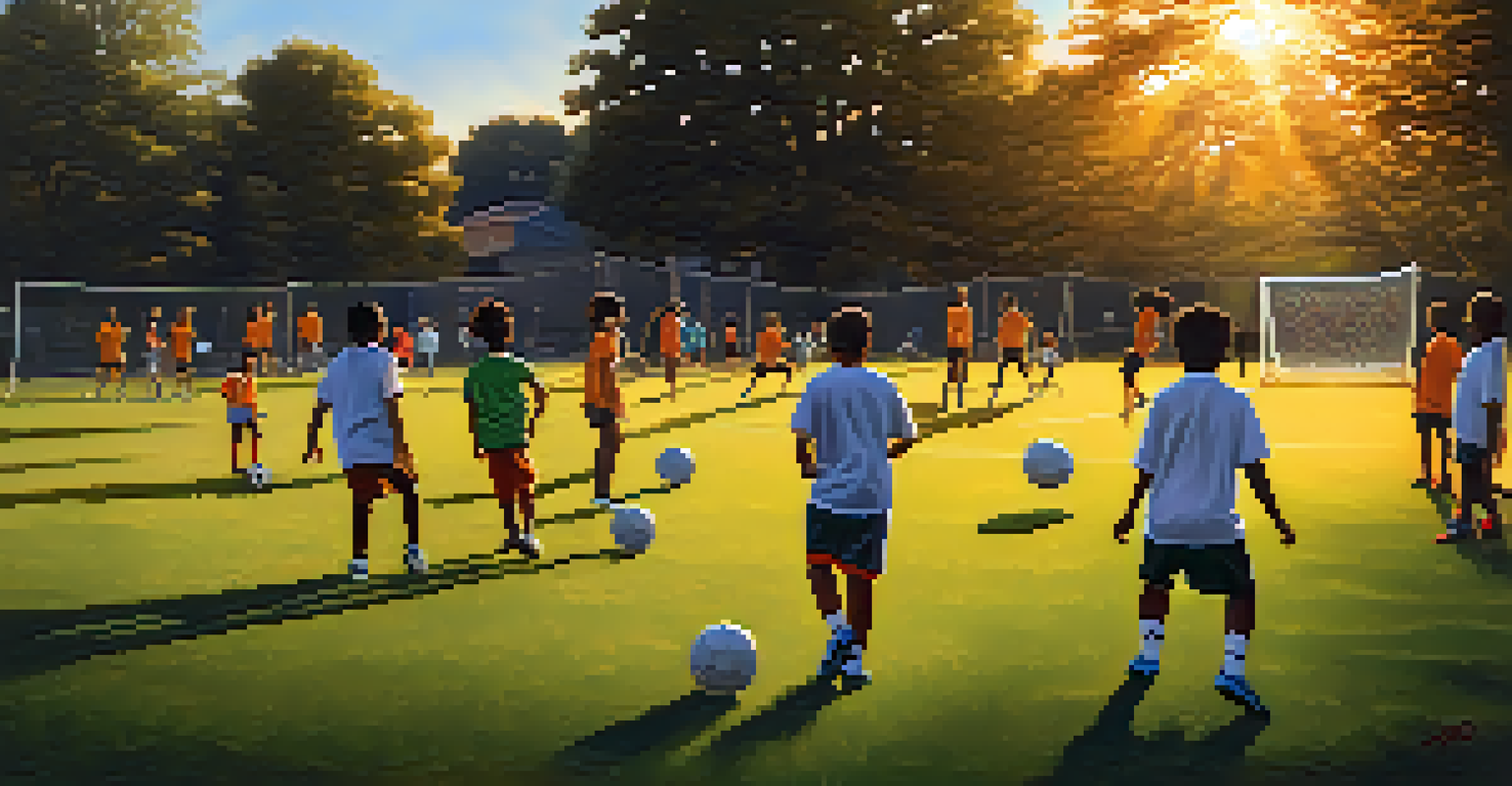 Children practicing soccer in a Newark park during sunset, showcasing community and diversity.