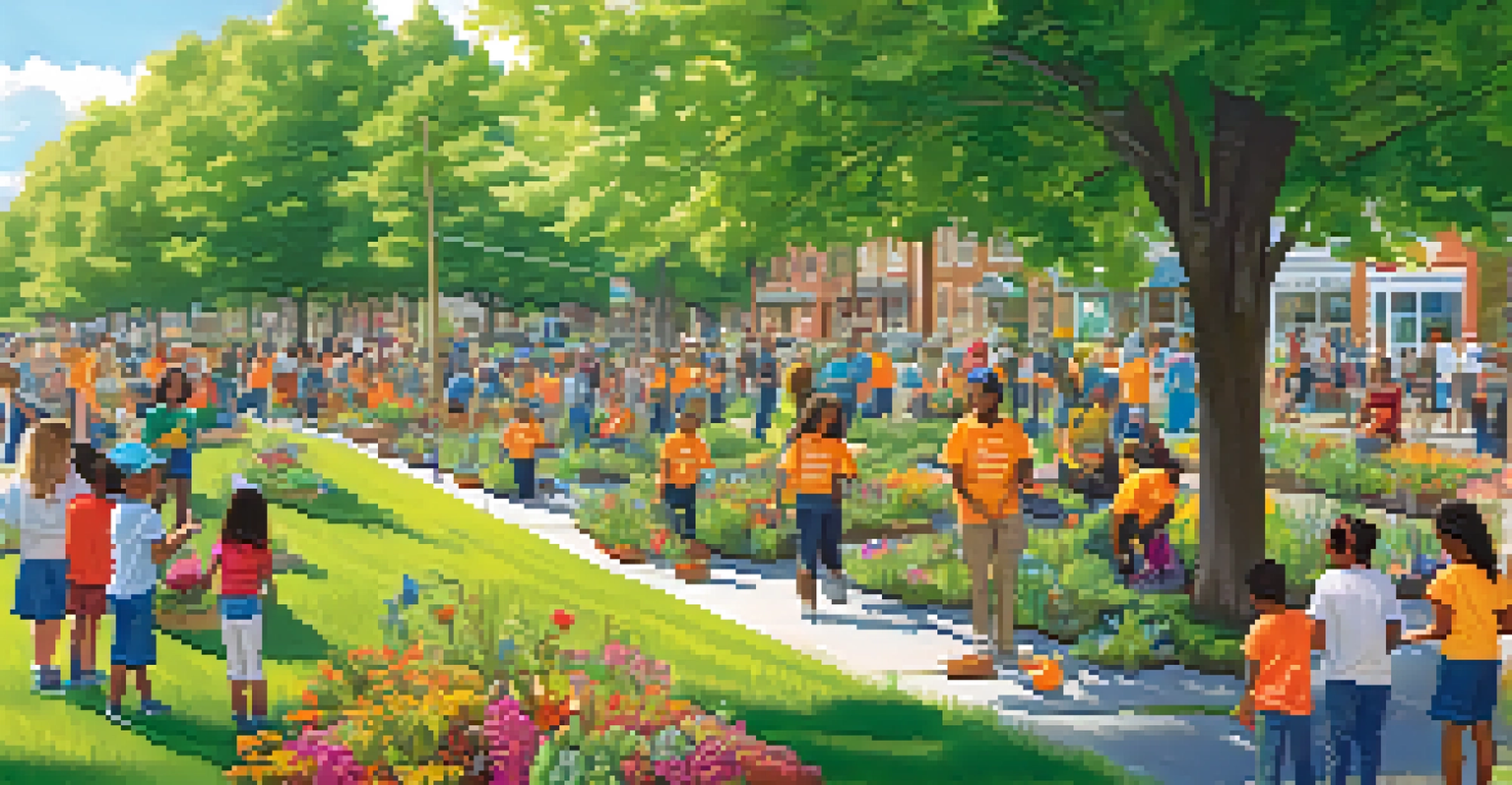 Families and children participating in a community event to plant trees and flowers in a park, with colorful banners promoting environmental awareness.