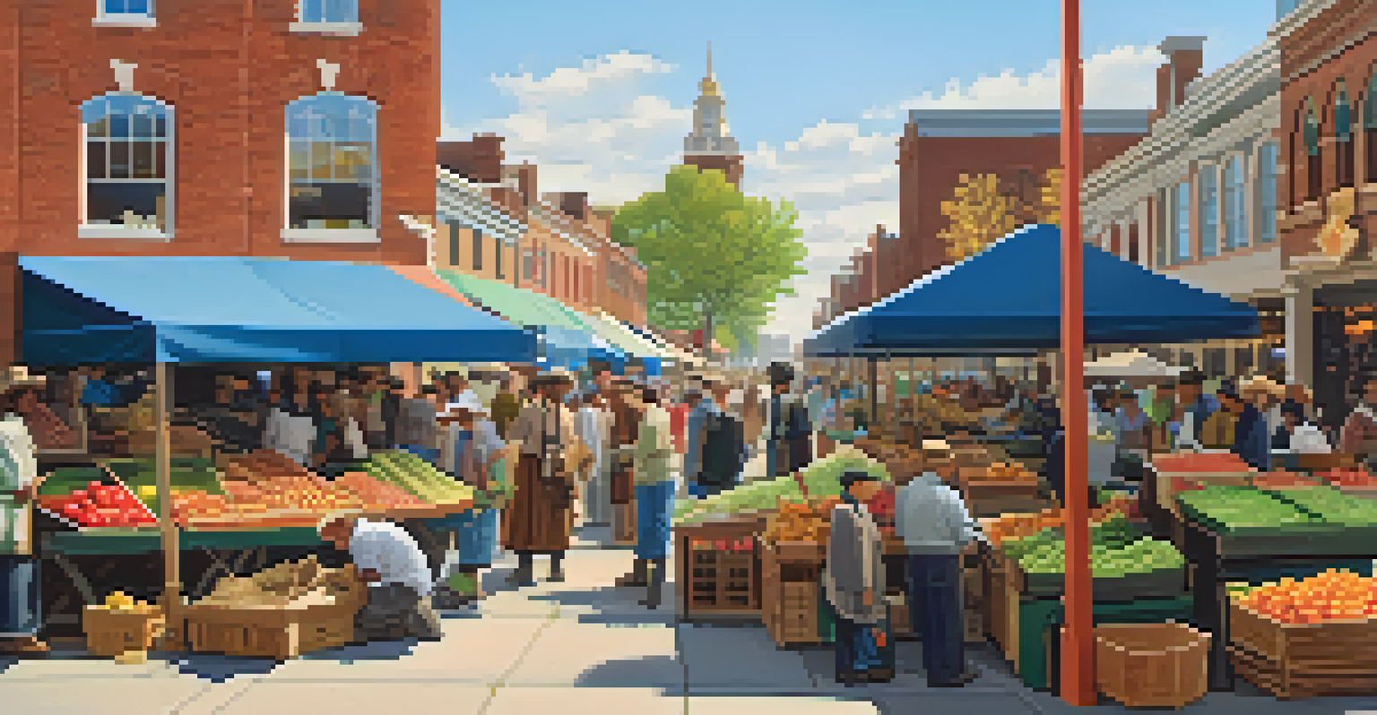 A lively marketplace in early Newark with diverse settlers trading goods and engaging in conversation, showcasing vibrant colors.
