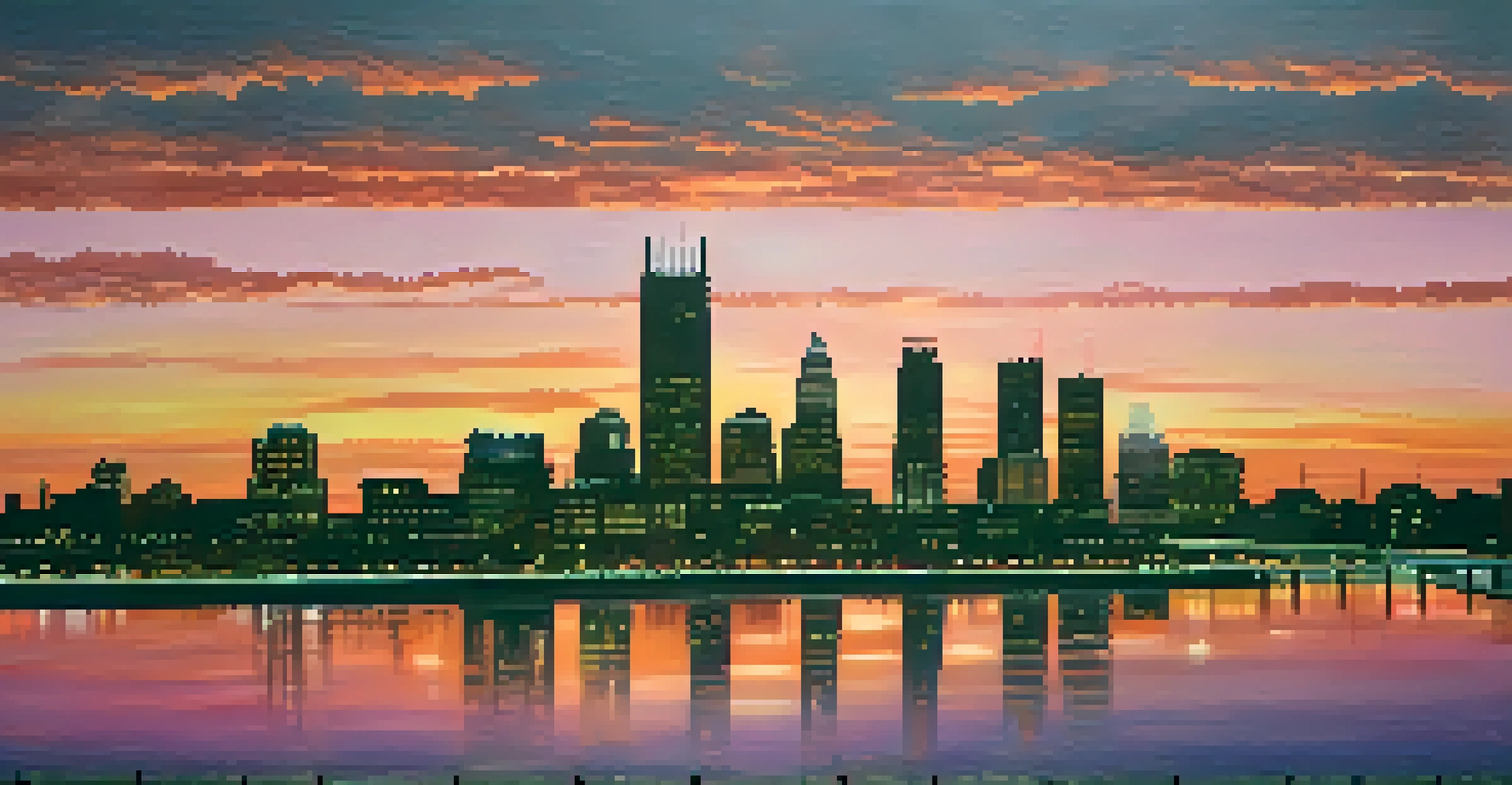 A panoramic view of Newark's skyline at sunset, highlighting transportation infrastructure and warm sky colors.