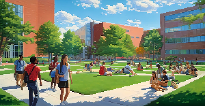 A lively campus scene at Rutgers University-Newark with diverse students enjoying outdoor activities under a sunny sky.